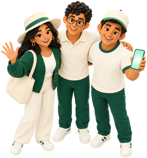 Tres amigos sonriendo; uno muestra su teléfono